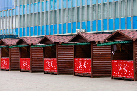 Installation of a Christmas town with fair stalls. December 16, 2021 Balti Moldova.のeditorial素材