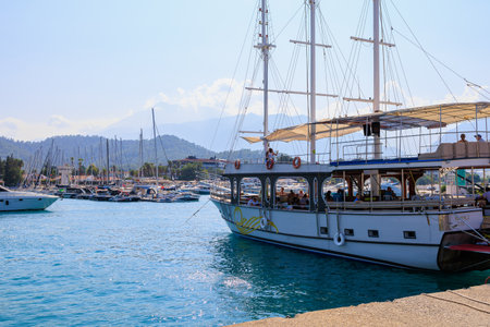 Sea port . Background with copy space. August 9, 2022 Kemer, Antalya province, Turkey.のeditorial素材
