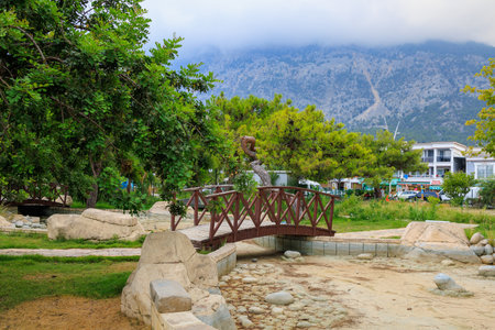 August 11, 2022 Beldibi, Kemer district, Antalya Province, Turkey. Public park in a tourist resort village. Background with copy space for textのeditorial素材