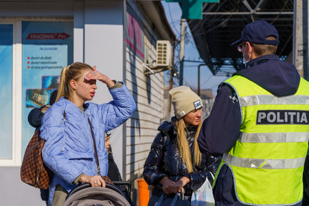 February 25, 2022 Otachi Moldova. Refugees from Ukraine on the Moldovan pedestrian border. For editorial useのeditorial素材