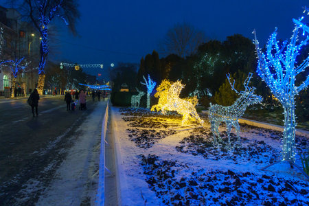 The lights of the night city, decorated with garlands for the Christmas and New Year holidays. December 24, 2021 Balti Moldova.のeditorial素材