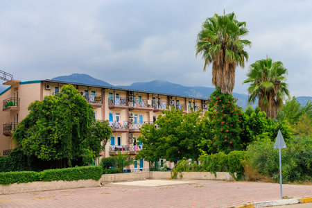 August 11, 2022 Beldibi, Kemer district, Antalya Province, Turkey. Hotels in the tourist resort village. Background with copy space for textのeditorial素材