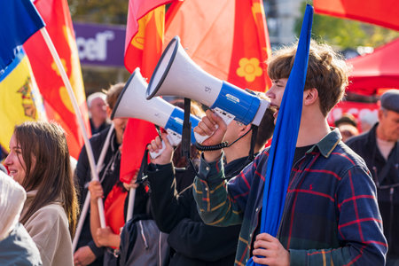 A protest rally against tariff increases and inflation demanding the resignation of the government. For editorial use. October 29, 2022 Balti Moldova.のeditorial素材