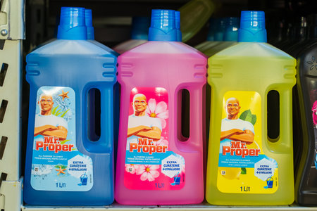 Liquid for washing floors. Department of cleanliness in the supermarket. October 11, 2022 Beltsy Moldova.のeditorial素材