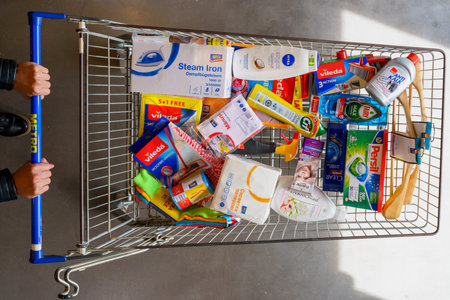 A cart full of products from the household and personal care department. April 7, 2022 Beltsy...