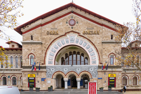 The building of the central city railway station. Editorial background with copy space. November 6, 2022 Chisinau Moldova.のeditorial素材