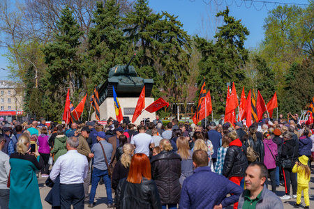 April 15, 2022 Balti Moldova, Protest against the ban on the St. George ribbon. Crowd of people in...