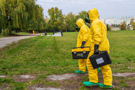 Rescuers in chemical protection suits. Radiation and Chemical Protection. October 12, 2022 Balti Moldova.のeditorial素材