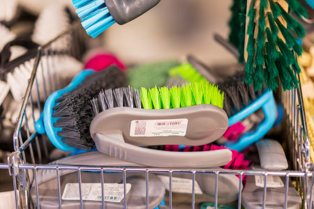 Cleaning brush. Department of cleanliness in the supermarket. October 11, 2022 Beltsy Moldova.のeditorial素材