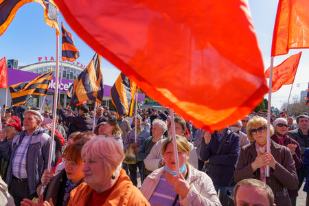 April 15, 2022 Balti Moldova, Protest against the ban on the St. George ribbon. Crowd of people in...