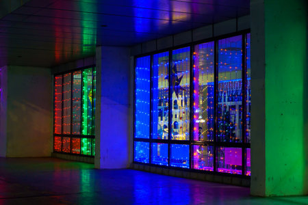 The lights of the night city, decorated with garlands for the Christmas and New Year holidays....