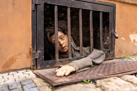 August 22, 2022 Prague, Czech Republic. Mannequin in the basement of a cafe to attract tourists. Background with copy space for text.のeditorial素材