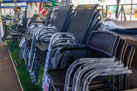 Waterproof chairs. Goods in the supermarket. June 15, 2022 Beltsy Moldova.のeditorial素材