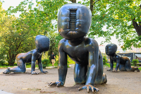 Sculpture crawling babies. Top city attractions. Modern Art. August 24, 2022 Prague Czech Republic.のeditorial素材