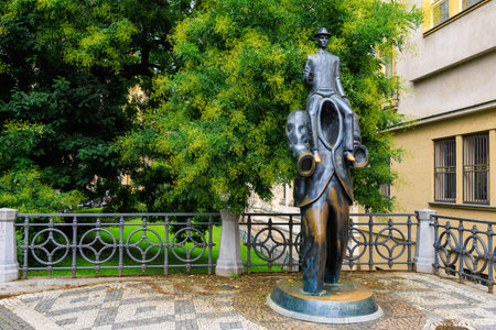 Monument to Franz Kafka, sculptor Yaroslav Rona. German-speaking Bohemian writer, a key figure in the literature of the early 20th century. August 25, 2022 Prague, Czech Republic.のeditorial素材