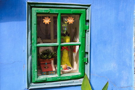 August 22, 2022 Prague, Czech Republic. Window of a historical building in a touristic place. Background with selective focus and copy space for textのeditorial素材