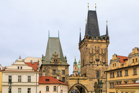 August 24, 2022 Prague, Czech Republic. Tower on the Charles Bridge. Background with copy space for text.のeditorial素材