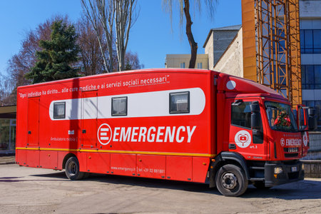 March 28, 2022 Balti Moldova Mobile hospital on wheels. Red ambulance truck.のeditorial素材