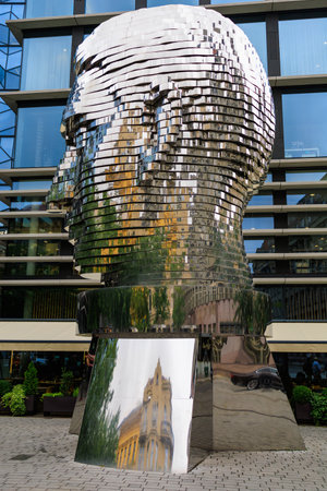 August 25, 2022 Prague, Czech Republic. Rotating Head, head sculpture of the German-speaking writer...