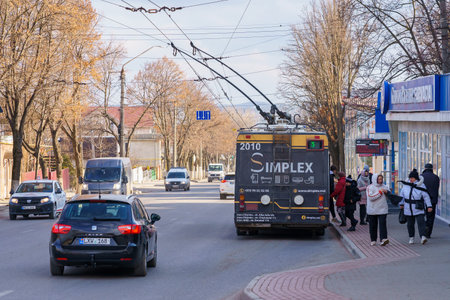 February 3, 2022 Balti Moldova. Trolleybus is an eco-friendly public transport. Backgroundのeditorial素材