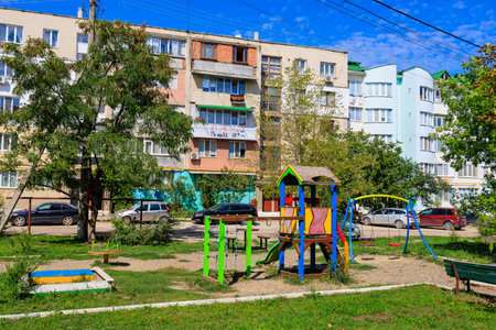 September 8, 2022 Beltsy, Moldova. Illustrative editorial. Children's playground in the yard.