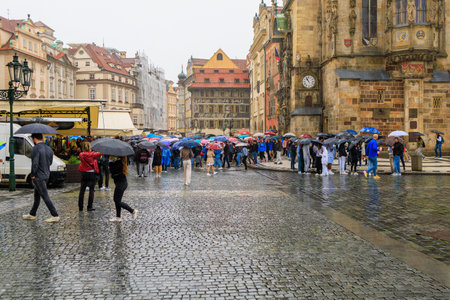 August 24, 2022 Prague, Czech Republic. Street view of the old city of Prague. Background with copy space for text.のeditorial素材