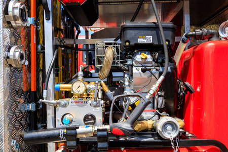 June 1, 2022 Balti Moldova. Illustrative editorial background. Fire equipment in the truck.のeditorial素材