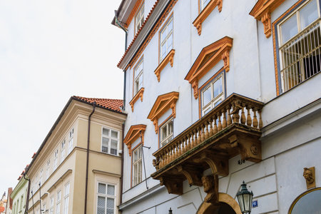 August 25, 2022 Prague, Czech Republic. Houses of old classical European architecture. Background with copy space for text.のeditorial素材