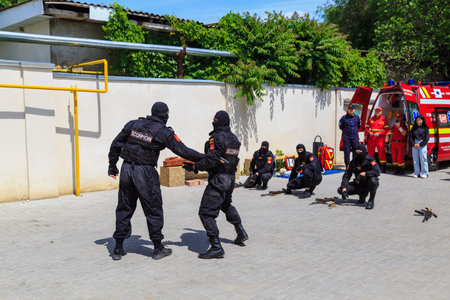 May 25, 2022 Balti Moldova. Illustrative editorial background. SWAT showcase their skills in...