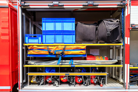 June 1, 2022 Balti Moldova. Illustrative editorial background. Fire equipment in the truck.のeditorial素材