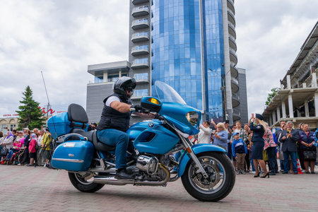 May 22, 2022 Beltsy, Moldova. Illustrative editorial. Motorcyclists at the city paradeのeditorial素材