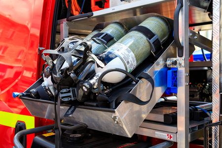 June 1, 2022 Balti Moldova. Illustrative editorial background. Fire equipment in the truck.