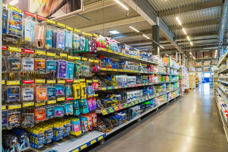 July 7, 2022 Beltsy, Moldova. For illustrative editorial use. Rows of goods on racks in the personal care section of a supermarket.のeditorial素材