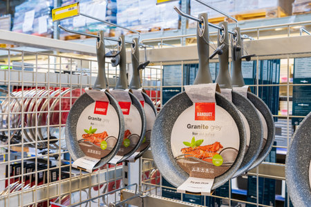 September 19, 2022 Beltsy, Moldova. For illustrative editorial use. Gray pans for frying.のeditorial素材