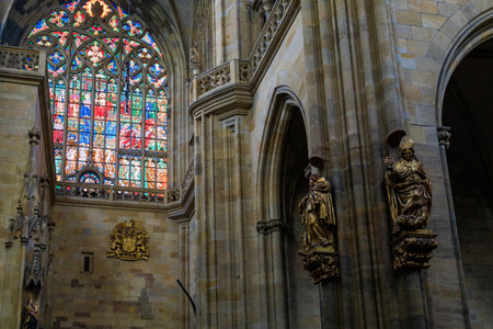 August 22, 2022 Prague, Czech Republic. Interior inside Gothic Catholic Cathedral of St. Vitus, Wenceslas and Vojtech in Prague Castle. Background with copy space for text.のeditorial素材