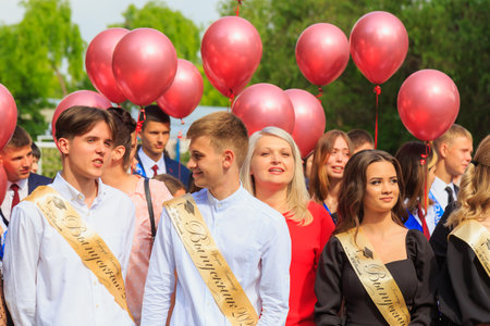 May 31, 2022 Balti Moldova. Schoolchildren on the line dedicated to the last bell. Illustrative editorial. Backgroundのeditorial素材