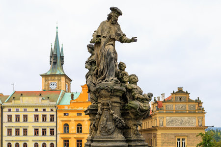 August 24, 2022 Prague, Czech Republic. Antique sculptures on the Charles Bridge. Background with copy spaceのeditorial素材