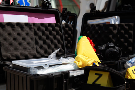 May 25, 2022 Balti Moldova. Illustrative editorial background. Equipment for forensic examination at the crime scene.のeditorial素材