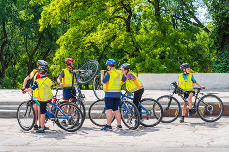 June 4, 2022 Balti Moldova. Mass gathering of amateur cyclists in the city. Illustrative editorial, background.のeditorial素材