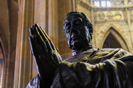 August 22, 2022 Prague, Czech Republic. Interior inside Gothic Catholic Cathedral of St. Vitus, Wenceslas and Vojtech in Prague Castle. Background with copy space for text.のeditorial素材