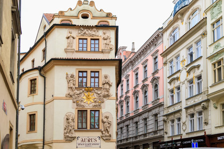 August 24, 2022 Prague, Czech Republic. Houses of old classical European architecture. Background with copy space for text.のeditorial素材