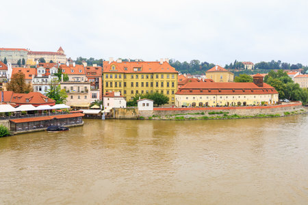 August 24, 2022 Prague, Czech Republic. Houses of old classical European architecture. Background with copy space for text.のeditorial素材