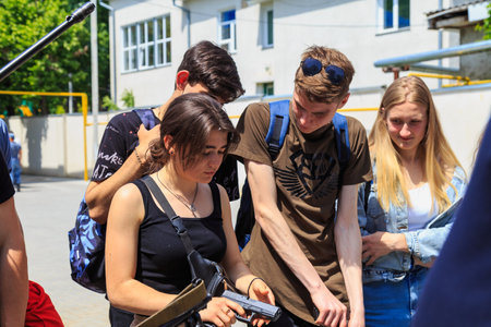 May 25, 2022 Balti Moldova. Illustrative editorial background. Police conduct safety training with schoolchildren.のeditorial素材