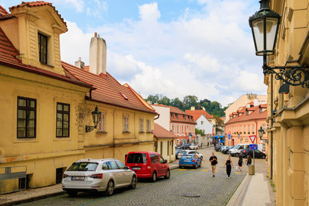 August 25, 2022 Prague, Czech Republic. Street view of the old city of Prague. Background with copy space for text.のeditorial素材