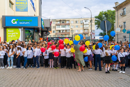 September 1, 2022 Balti Moldova. Schoolchildren on the line dedicated to the first bell. Illustrative editorial. Backgroundのeditorial素材