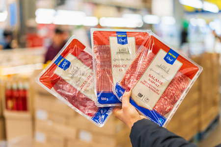 January 20, 2023 Beltsy, Moldova. For illustrative editorial use. Sausage cuts in vacuum packing.のeditorial素材