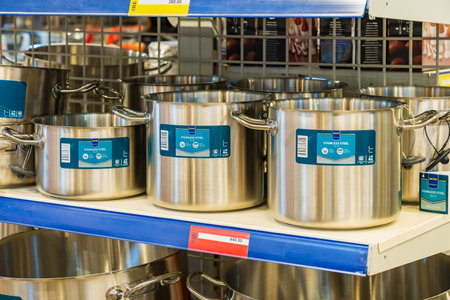 September 1, 2022 Beltsy, Moldova. For illustrative editorial use. Stainless steel pots.のeditorial素材