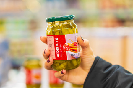 January 20, 2023 Beltsy, Moldova. For illustrative editorial use. Canned peppers marinated in vinegar.のeditorial素材