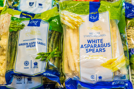 September 1, 2022 Beltsy, Moldova. For illustrative editorial use. White and green asparagus spears.