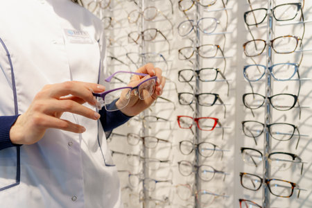 The doctor in optics holds glasses in his hands and selects the frame. March 1, 2023 Beltsy, Moldova. For illustrative editorial use.のeditorial素材